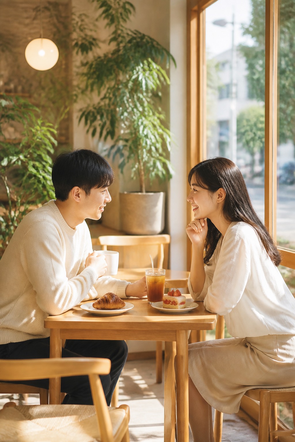 햇빛이 드는 카페 창가에서 남녀 두 사람이 마주 앉아 웃으며 대화하고 있다
