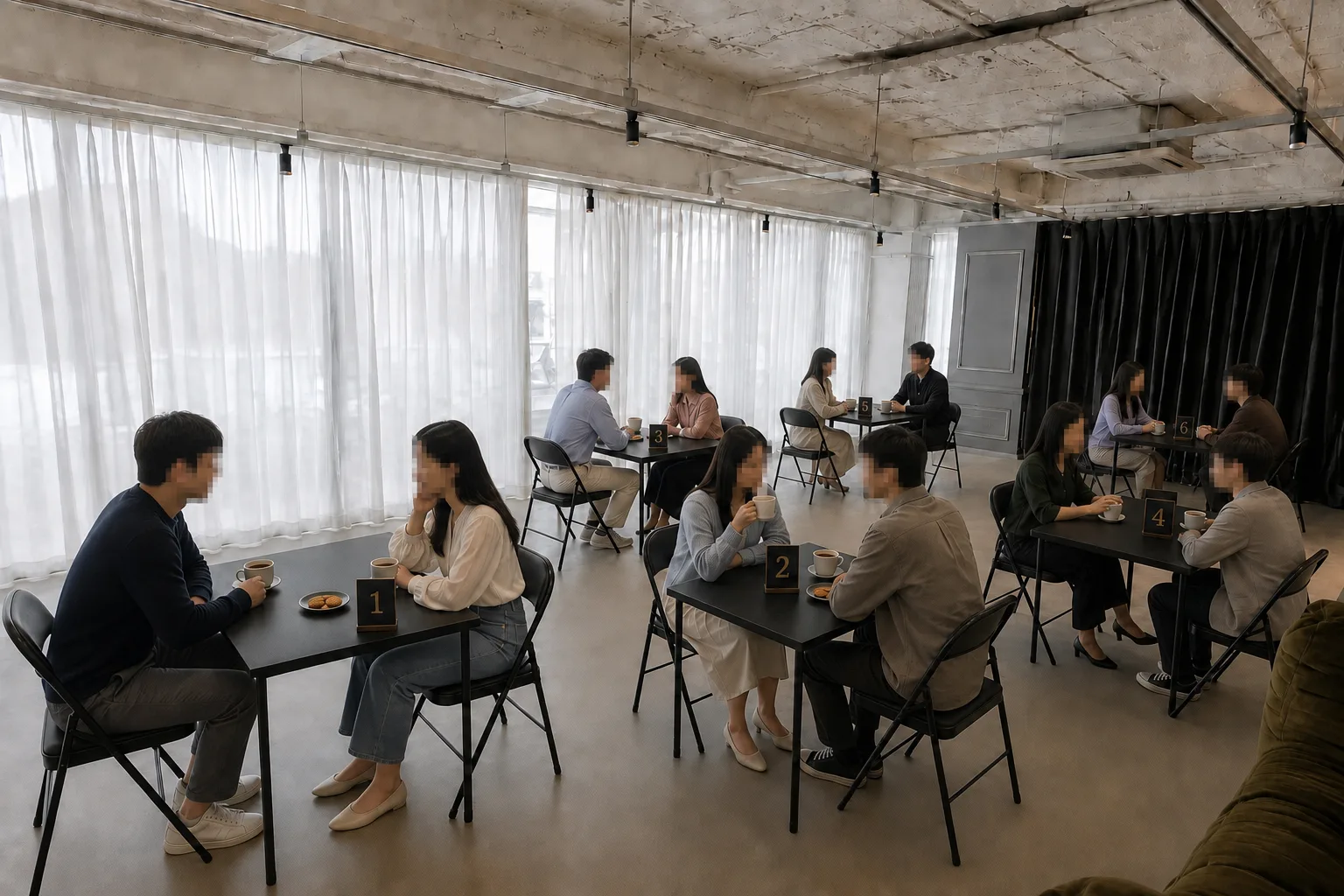 1번부터 6번까지 번호표를 둔 여섯 테이블에서 얼굴을 모자이크한 성인 열두 명이 커피와 다과를 두고 마주 앉은 연출 이미지